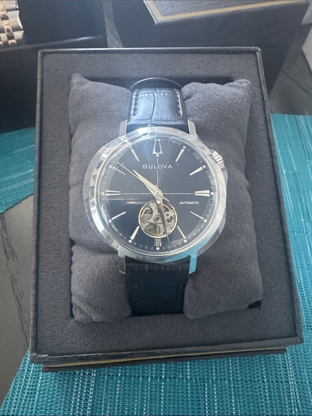 Bulova Black Dial Open Heart Automatic Watch with Silver Accents